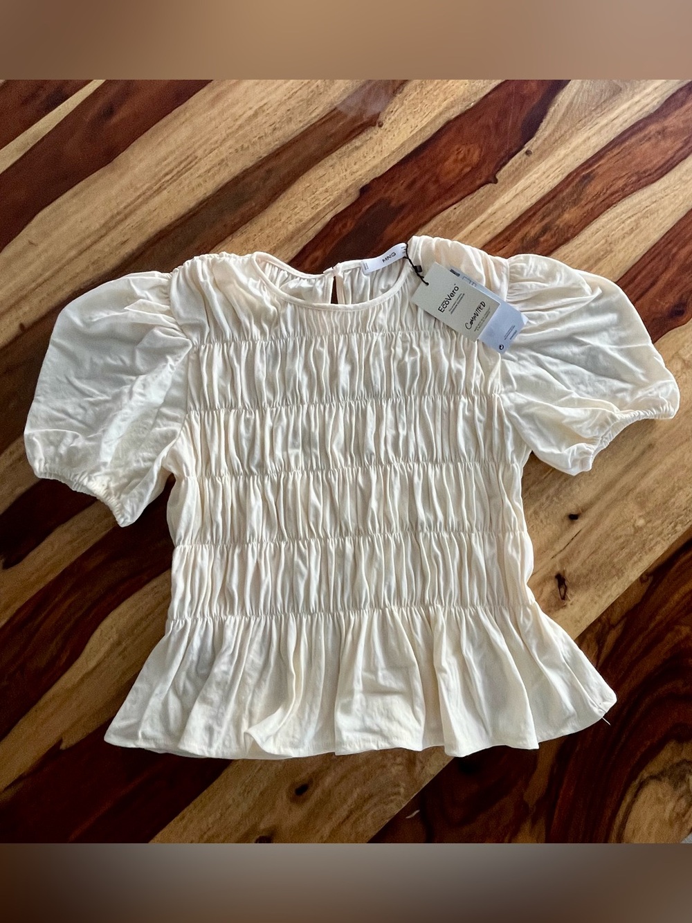 NWT Mango Smocked Puff Sleeve Peplum Blouse